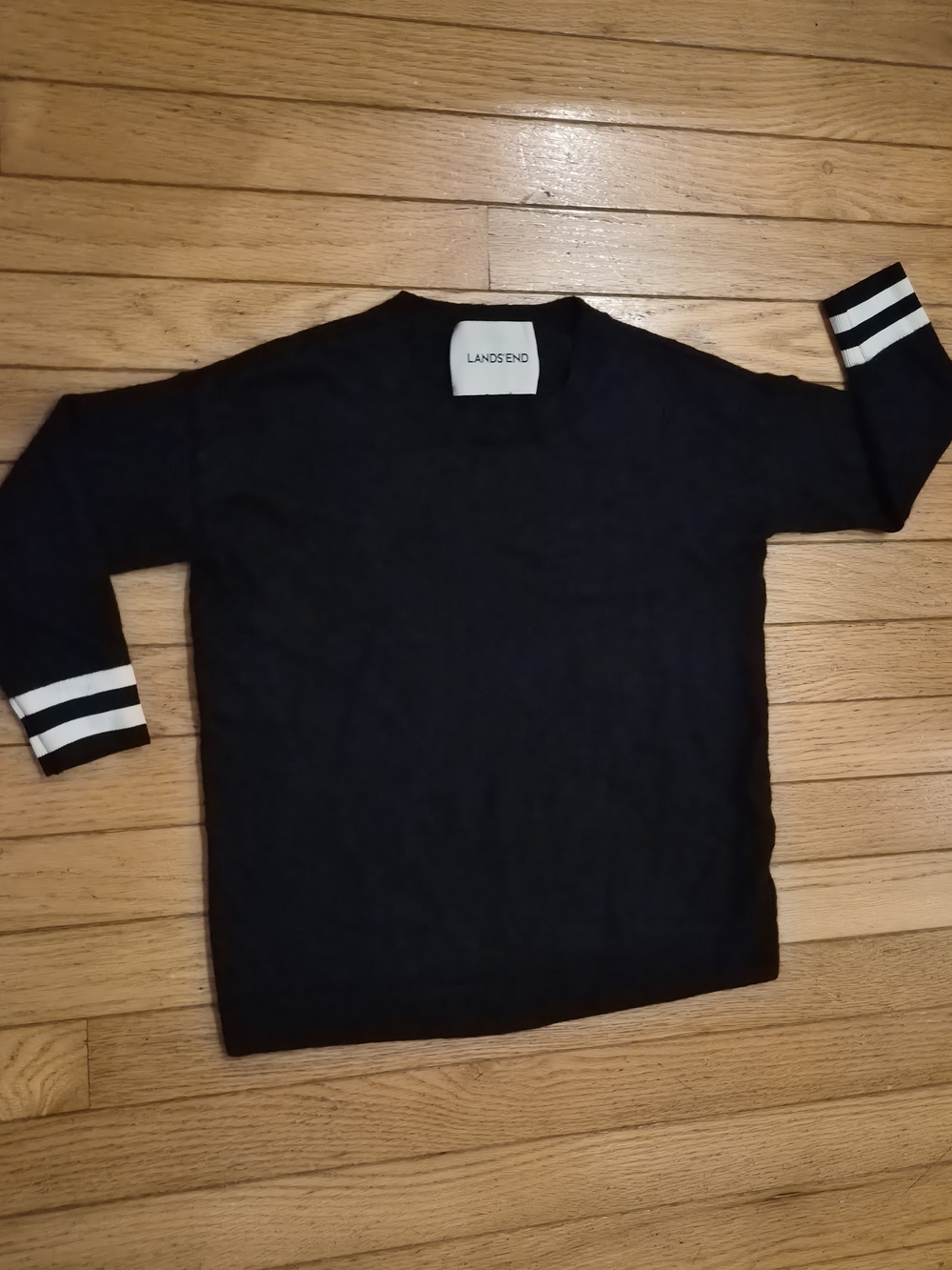 ​Lands' End Ultra Soft Navy Crewneck Sweater Varsity Striped Cuffs